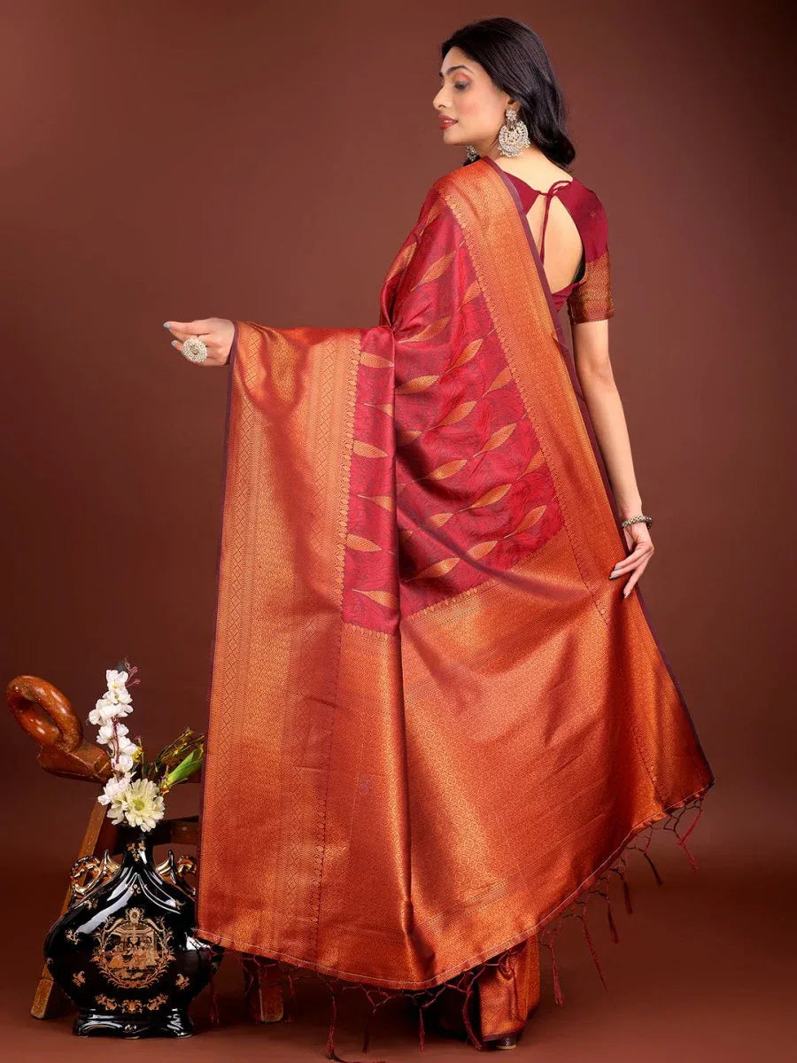 Maroon Banarasi silk Saree With Blouse Piece - EZBER