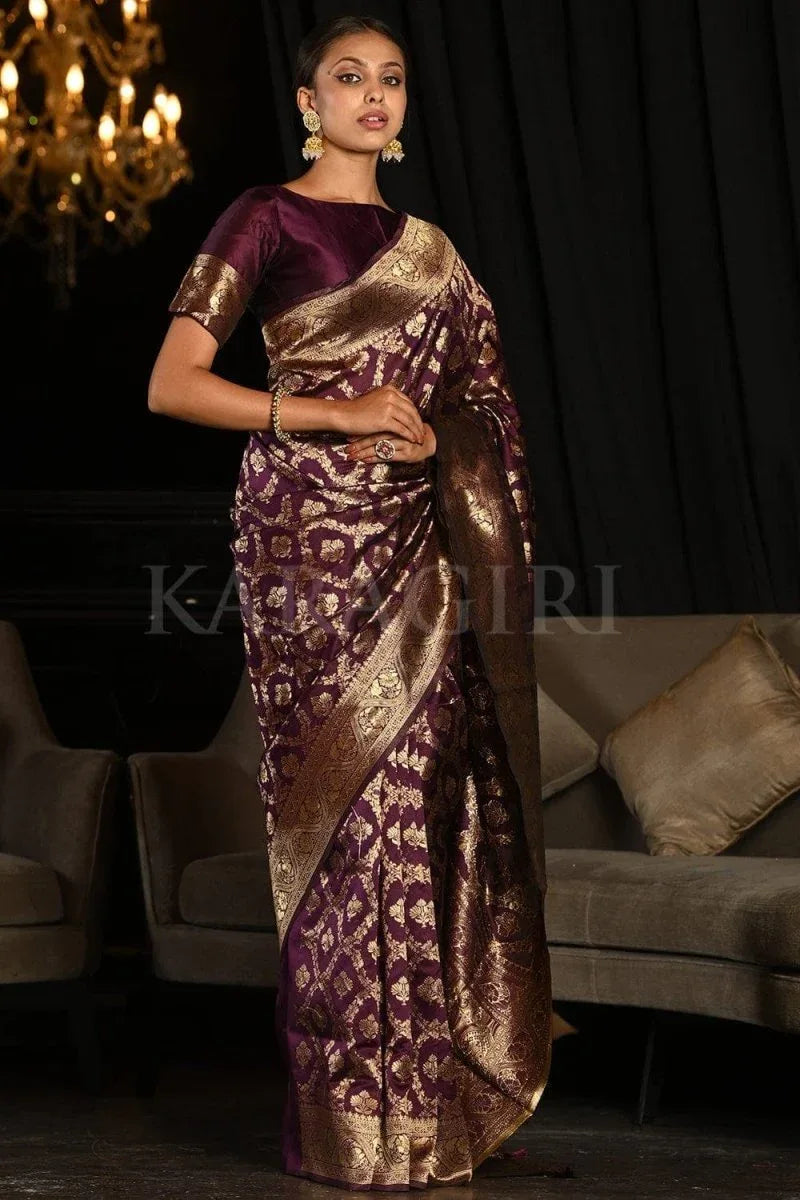 Maroon Banarasi Silk Saree With Blouse Piece - EZBER