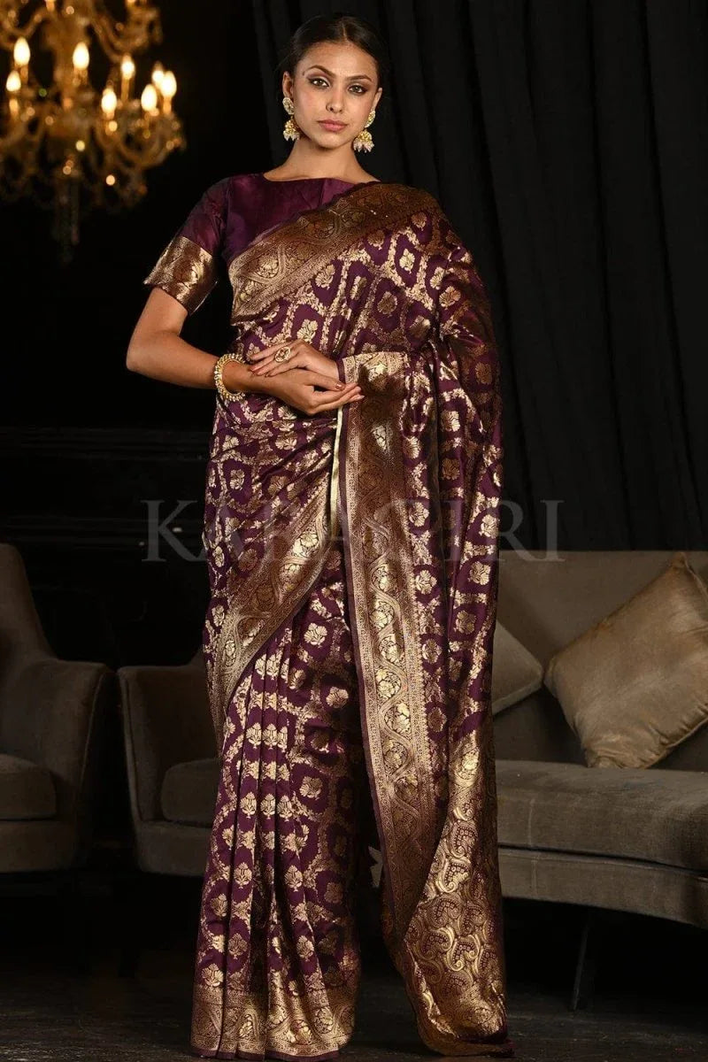 Maroon Banarasi Silk Saree With Blouse Piece - EZBER
