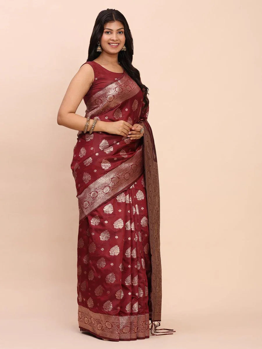 Maroon Banarasi silk Saree With Blouse Piece - EZBER