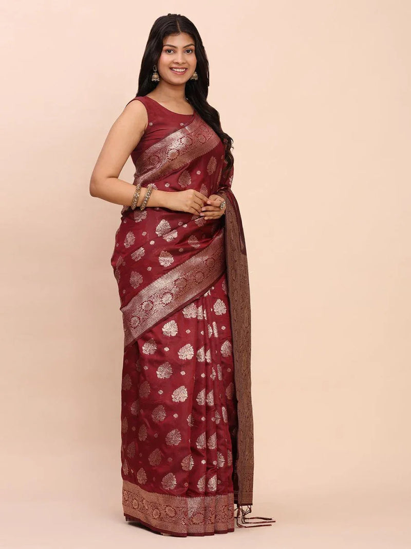 Maroon Banarasi silk Saree With Blouse Piece - EZBER