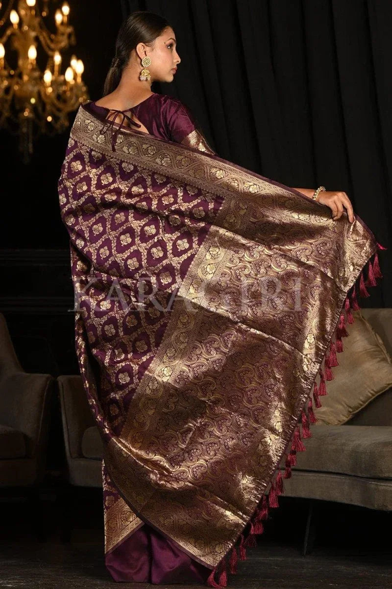 Maroon Banarasi Silk Saree With Blouse Piece - EZBER