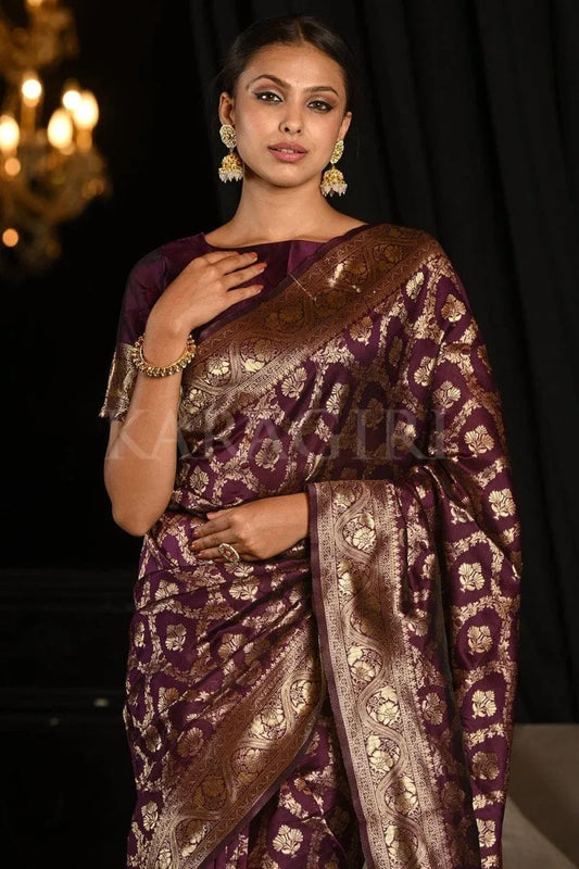 Maroon Banarasi Silk Saree With Blouse Piece - EZBER