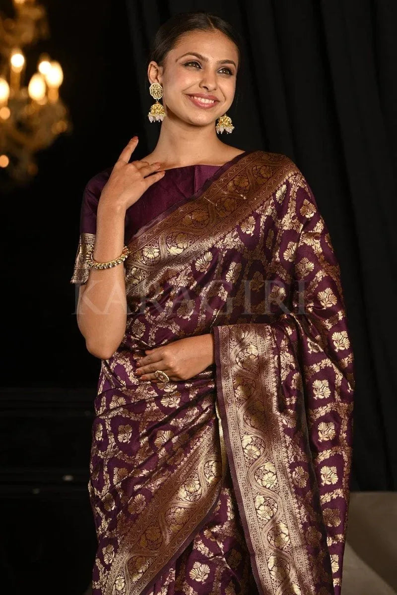 Maroon Banarasi Silk Saree With Blouse Piece - EZBER