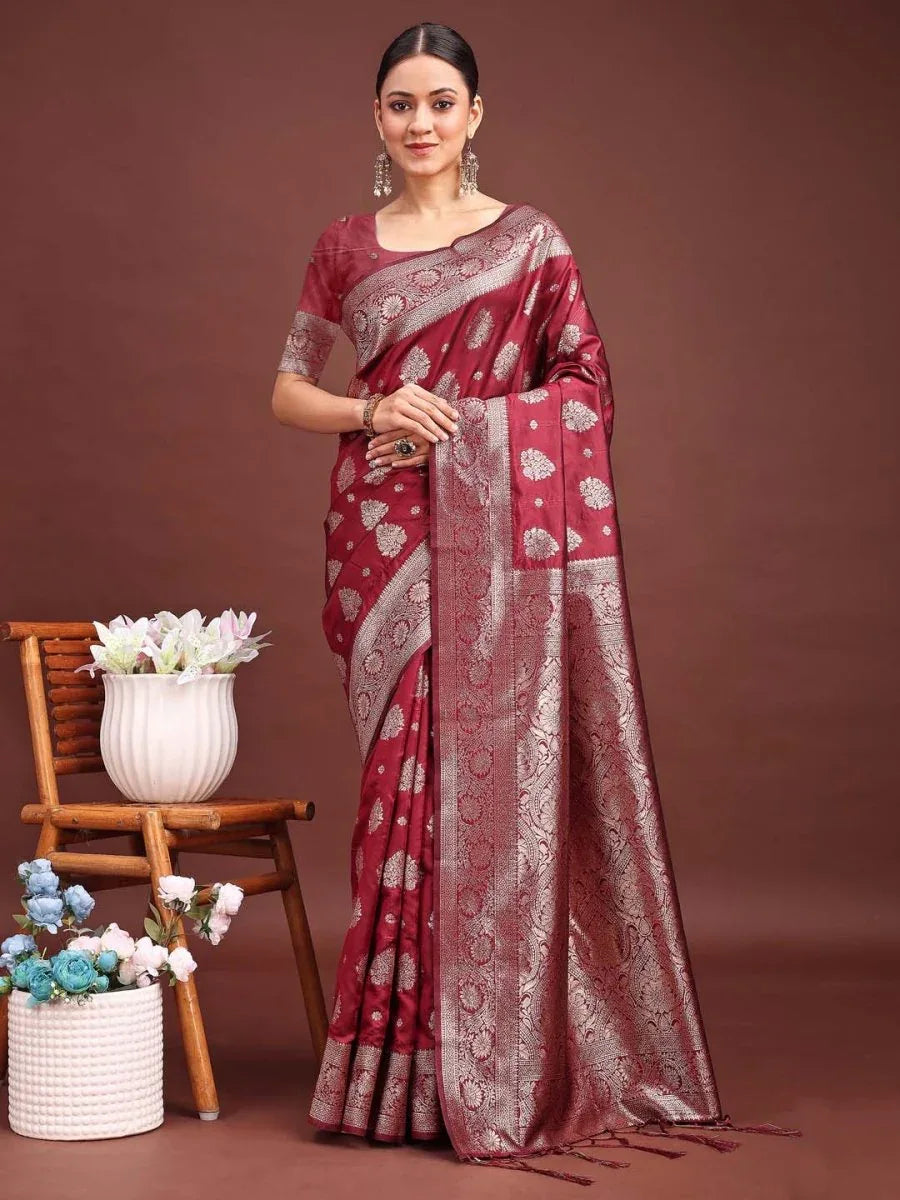 Maroon Banarasi Silk Saree With Blouse Piece - EZBER