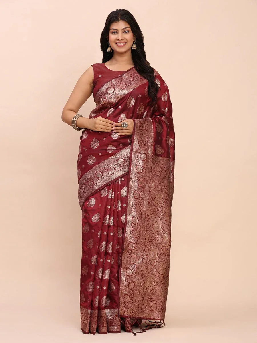 Maroon Banarasi silk Saree With Blouse Piece - EZBER