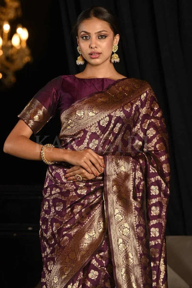 Maroon Banarasi Silk Saree With Blouse Piece - EZBER