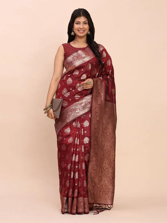 Maroon Banarasi silk Saree With Blouse Piece - EZBER