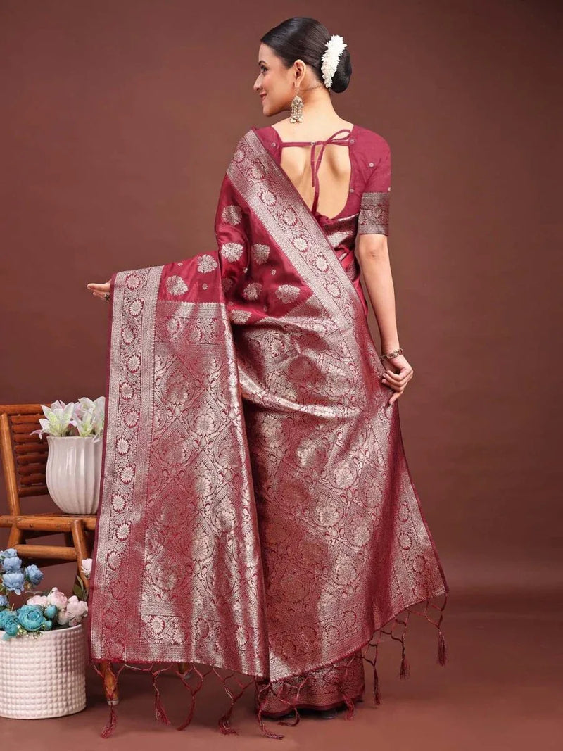 Maroon Banarasi Silk Saree With Blouse Piece - EZBER