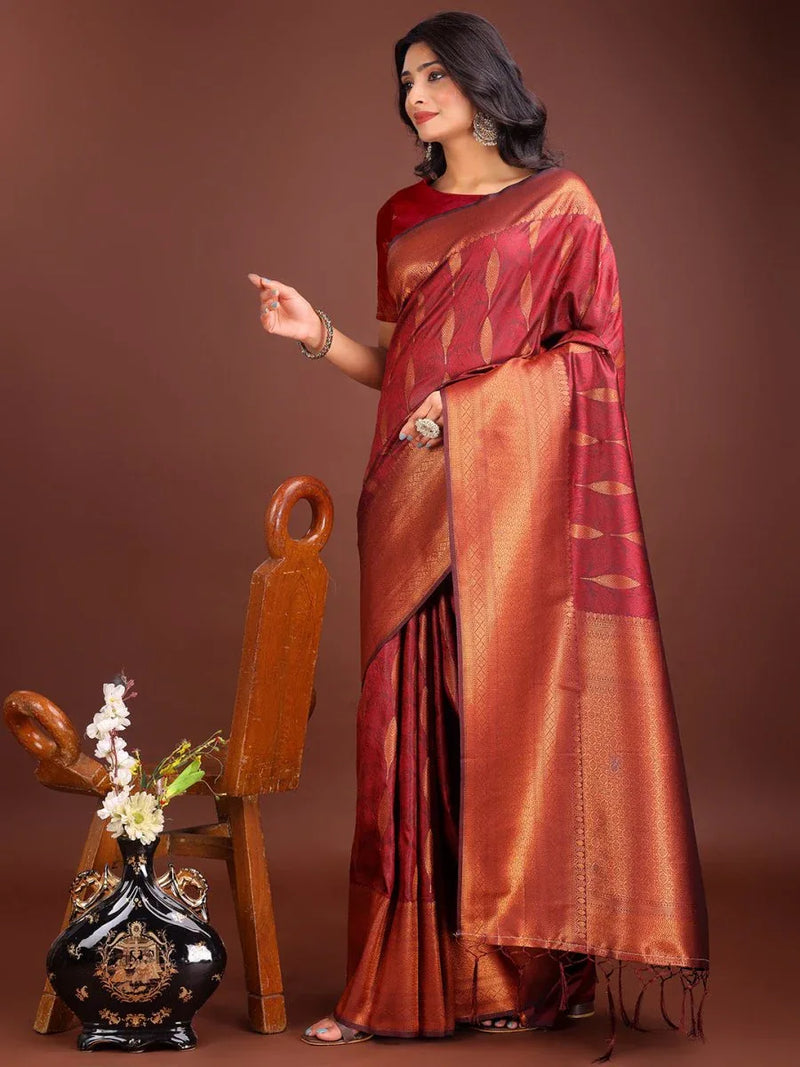 Maroon Banarasi silk Saree With Blouse Piece - EZBER
