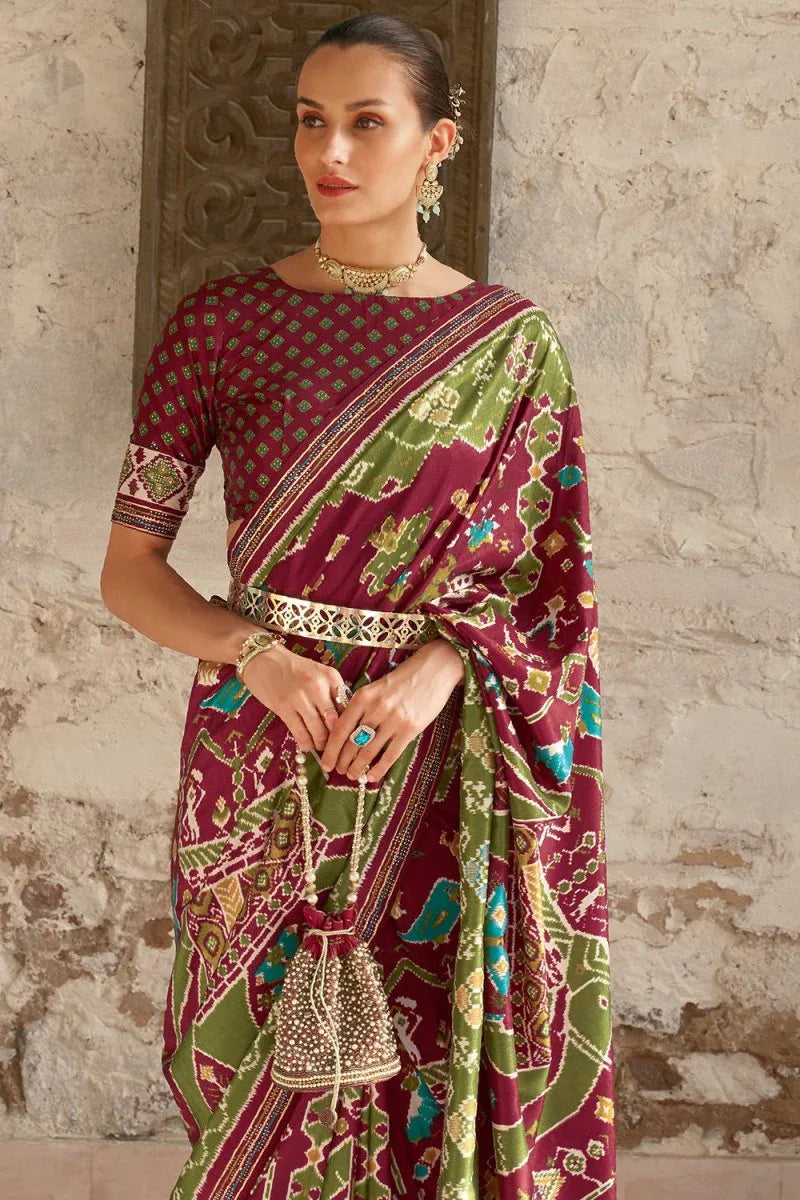 Maroon Green Dual Tone Patola Saree - EZBER