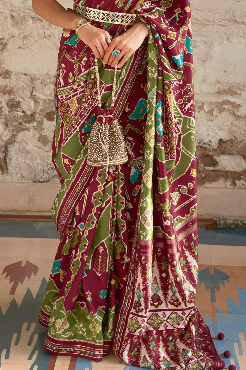 Maroon Green Dual Tone Patola Saree - EZBER