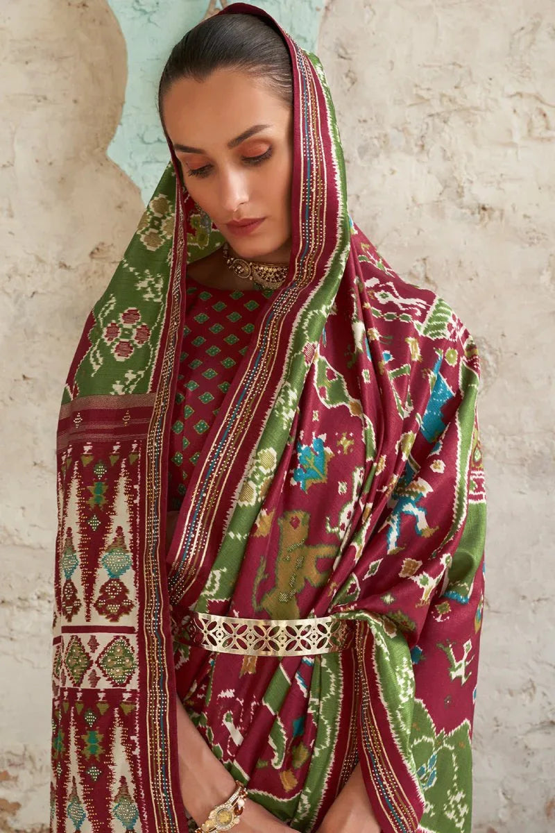 Maroon Green Dual Tone Patola Saree - EZBER