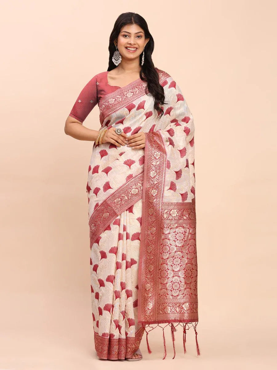 Maroon Linen Cotton Saree With Blouse Piece - EZBER