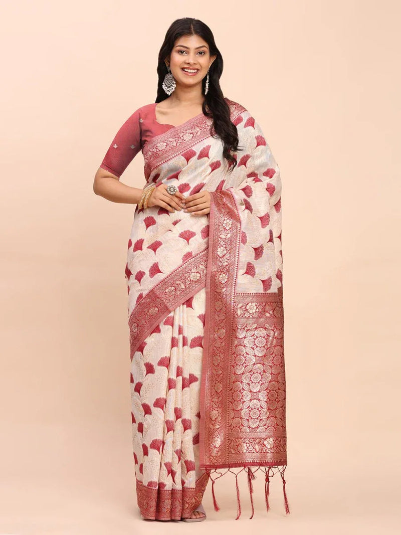 Maroon Linen Cotton Saree With Blouse Piece - EZBER