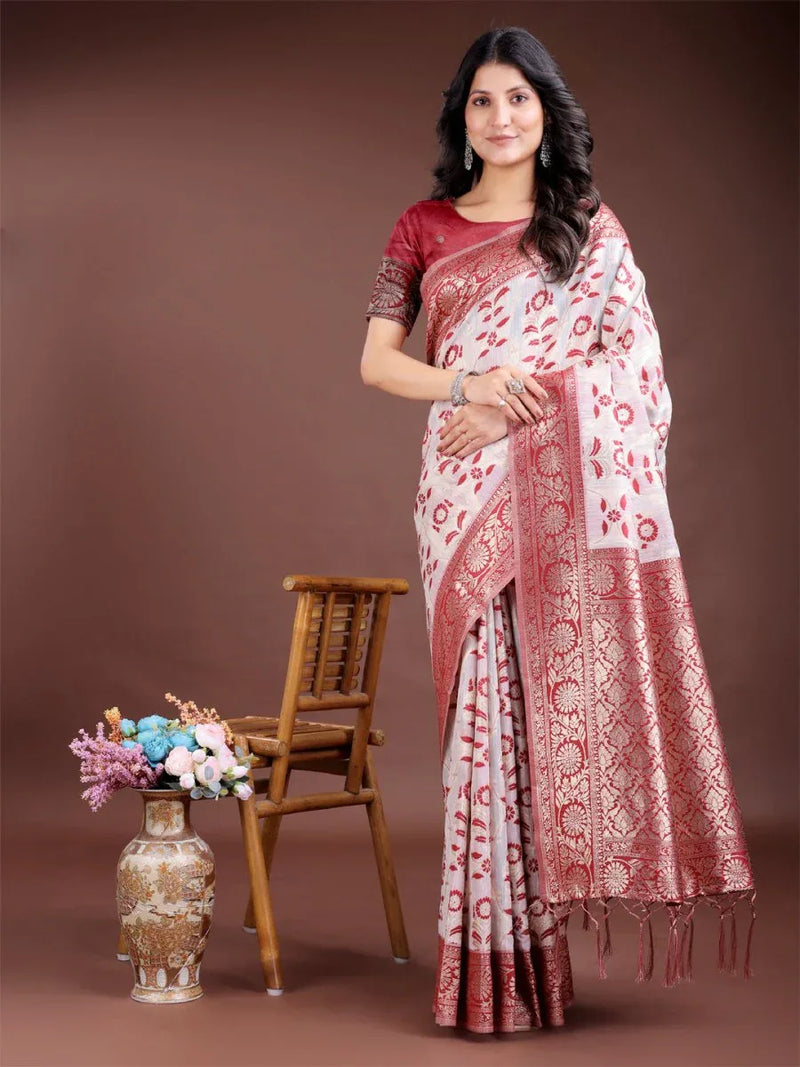 Maroon Linen Cotton Saree With Blouse Piece - EZBER
