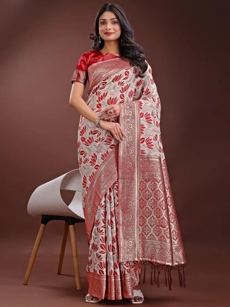Maroon Linen Cotton Saree With Blouse Piece - EZBER
