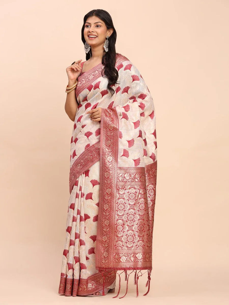 Maroon Linen Cotton Saree With Blouse Piece - EZBER