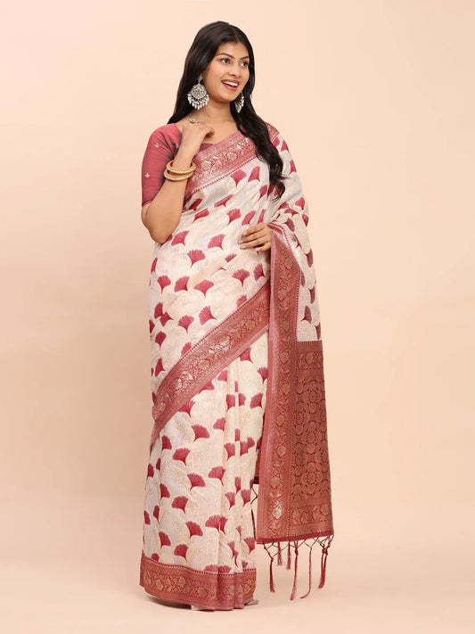 Maroon Linen Cotton Saree With Blouse Piece - EZBER