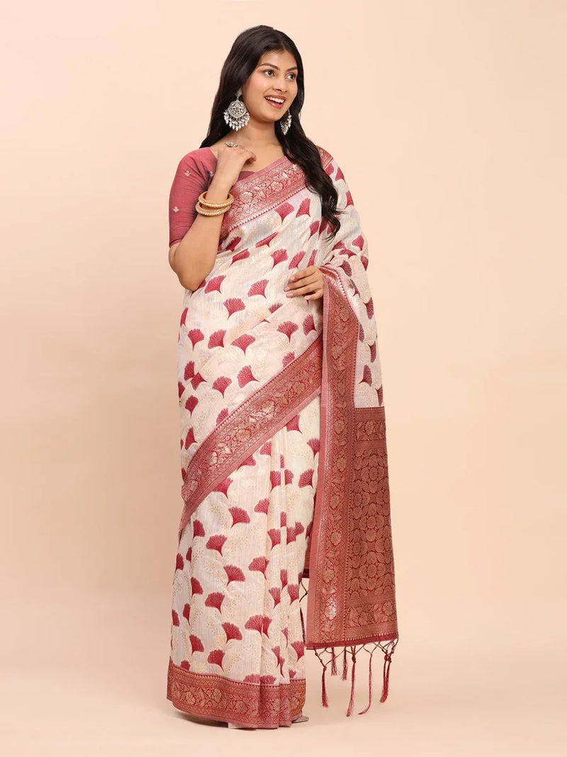 Maroon Linen Cotton Saree With Blouse Piece - EZBER