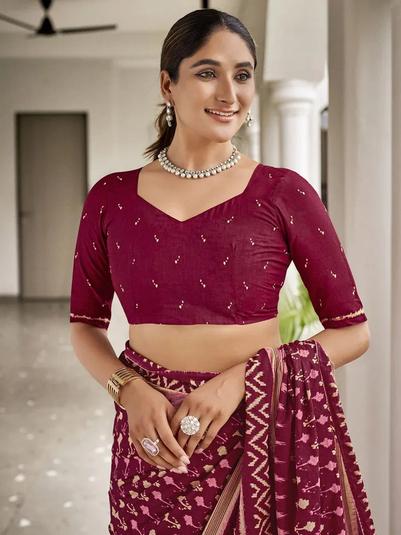 Maroon Mulmul Cottons Saree With Blouse Piece - EZBER