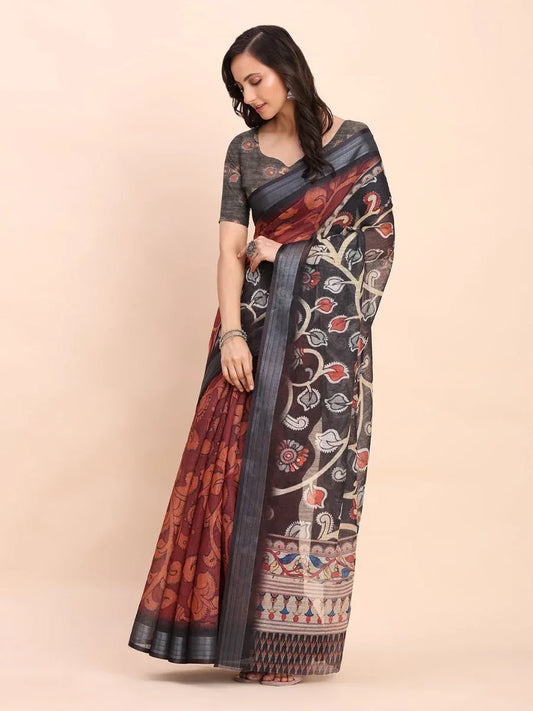 Maroon SANSKRIT PRINTS Linen Cotton Saree with Blouse Piece - EZBER