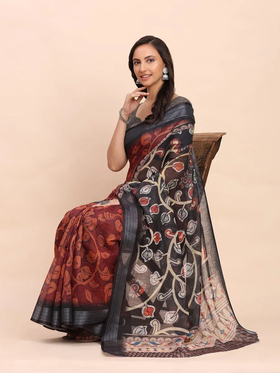 Maroon SANSKRIT PRINTS Linen Cotton Saree with Blouse Piece - EZBER