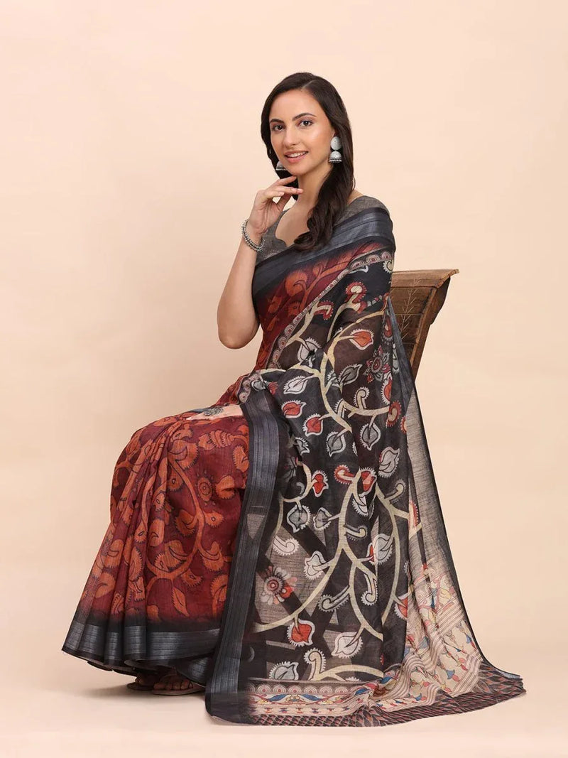 Maroon SANSKRIT PRINTS Linen Cotton Saree with Blouse Piece - EZBER