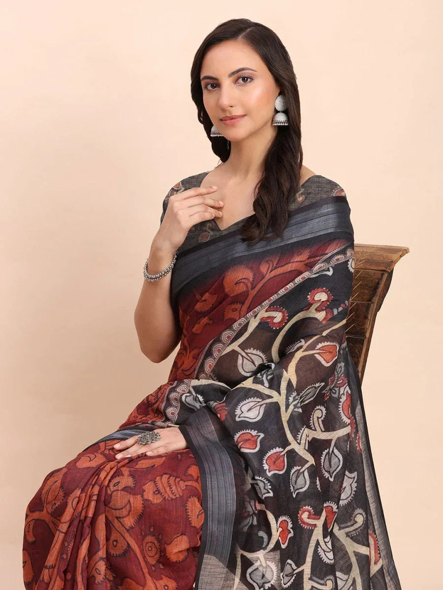 Maroon SANSKRIT PRINTS Linen Cotton Saree with Blouse Piece - EZBER