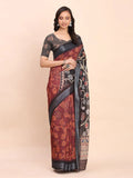 Maroon SANSKRIT PRINTS Linen Cotton Saree with Blouse Piece - EZBER