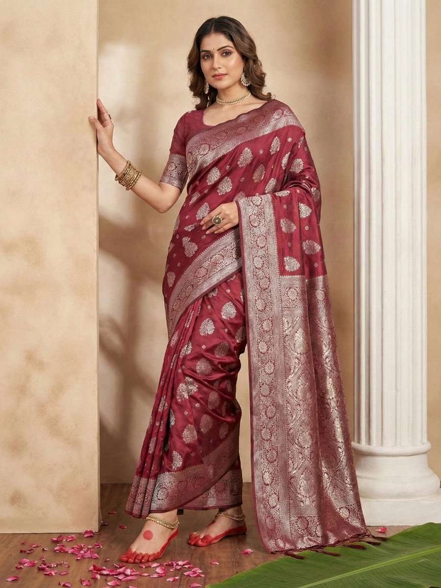 Maroon Silk Blend Handloom Saree | EZB SI04 SRADY 2004 - EZBER