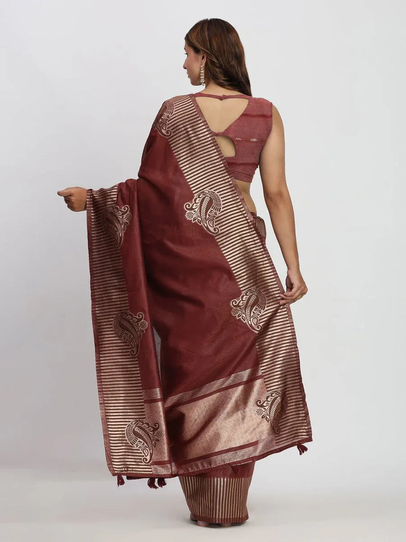 Maroon TAARINI Linen Cotton Saree with Blouse Piece - EZBER