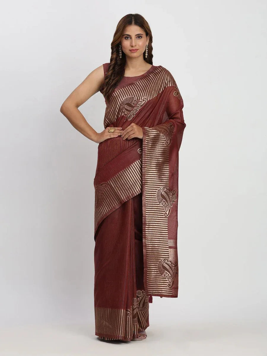 Maroon TAARINI Linen Cotton Saree with Blouse Piece - EZBER
