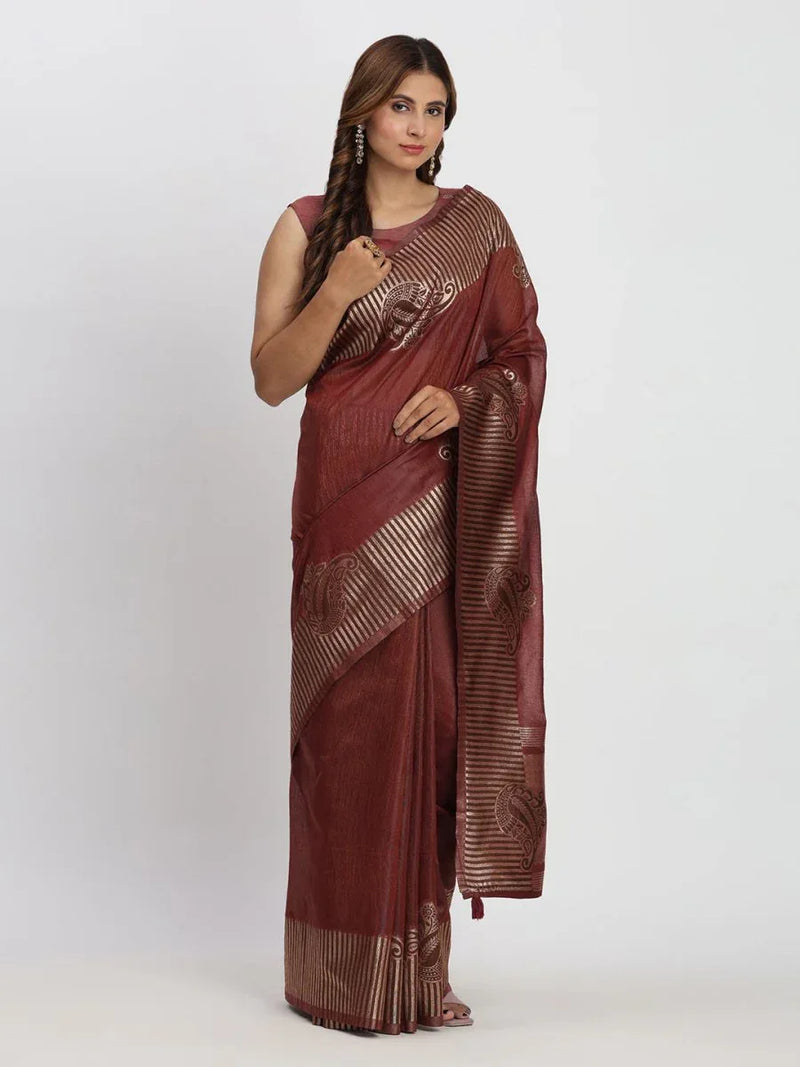 Maroon TAARINI Linen Cotton Saree with Blouse Piece - EZBER