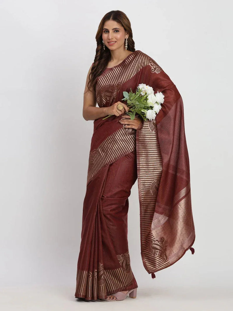 Maroon TAARINI Linen Cotton Saree with Blouse Piece - EZBER