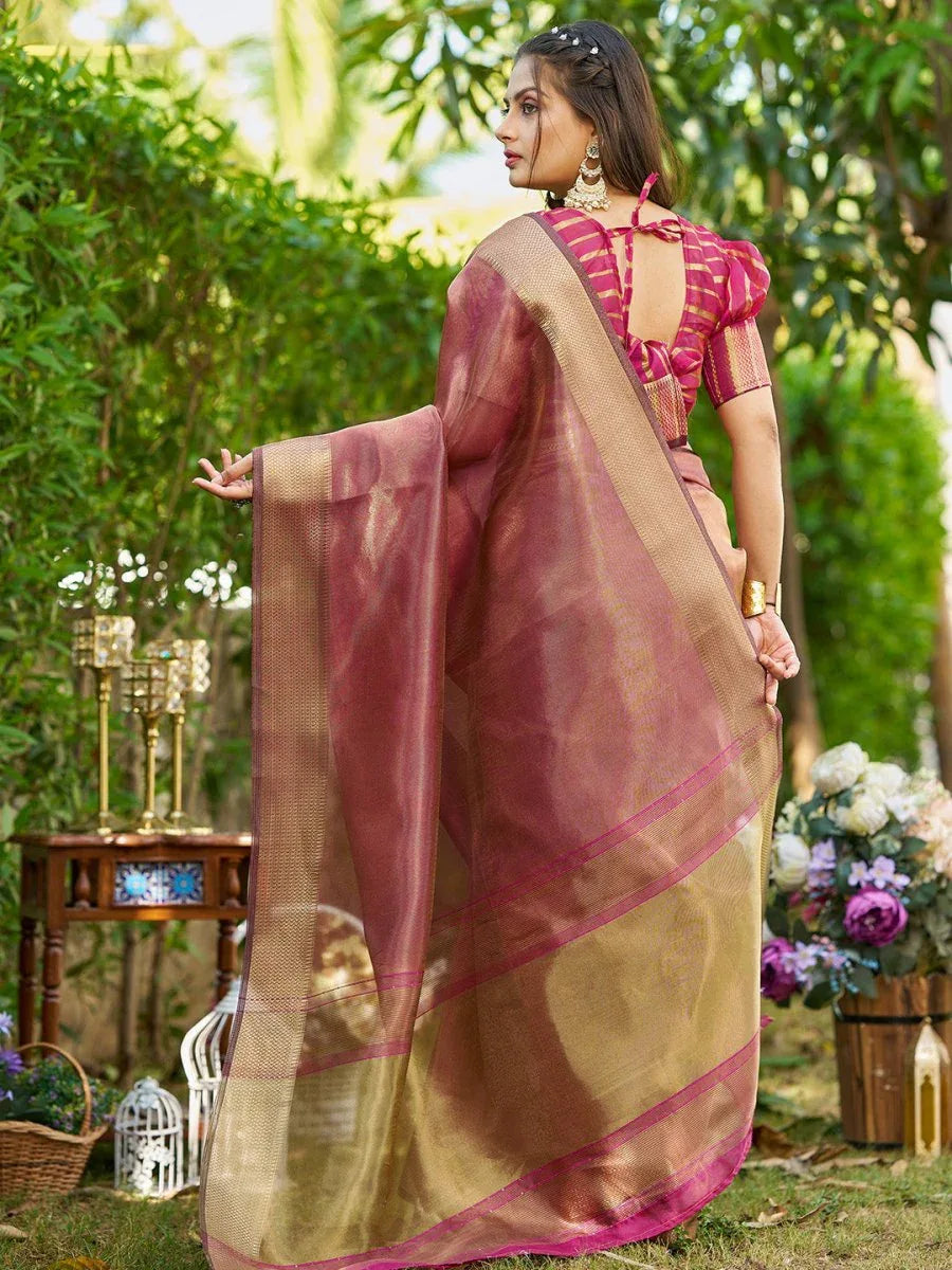 Maroon Tissue Saree With Blouse Piece - EZBER