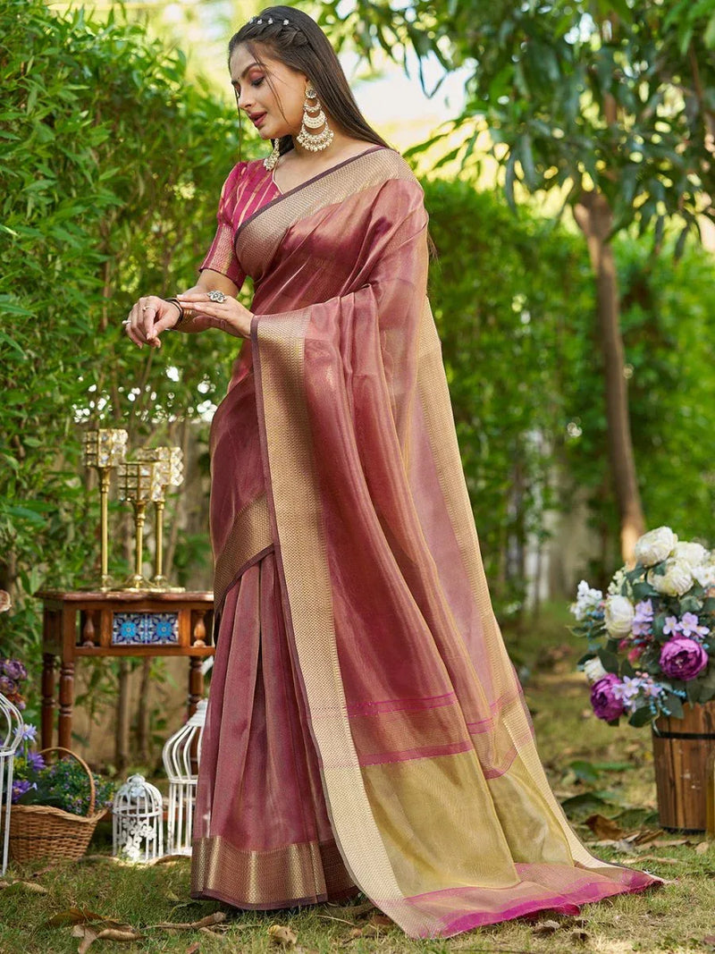 Maroon Tissue Saree With Blouse Piece - EZBER