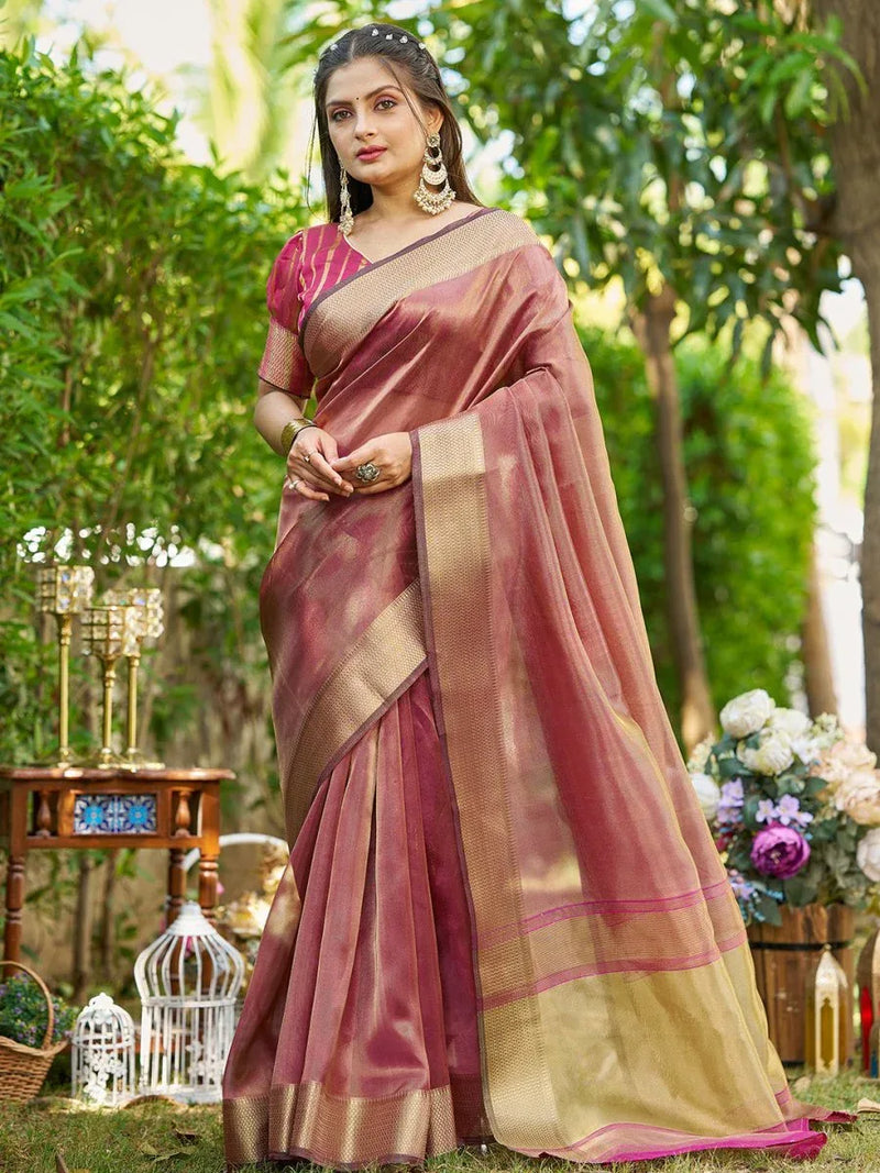 Maroon Tissue Saree With Blouse Piece - EZBER