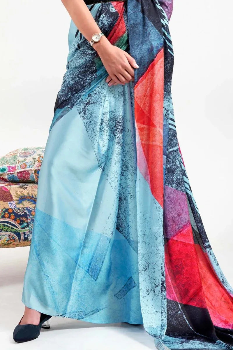 Maya Blue Satin Crep Saree - EZBER