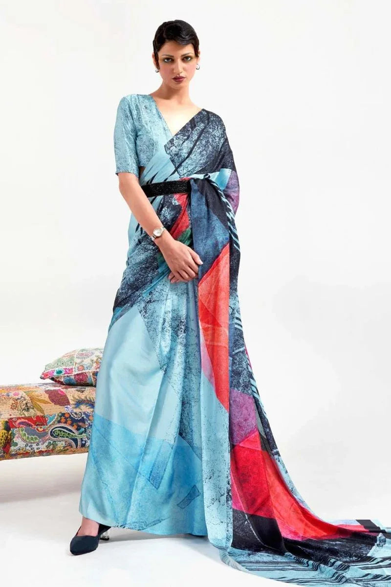 Maya Blue Satin Crep Saree - EZBER