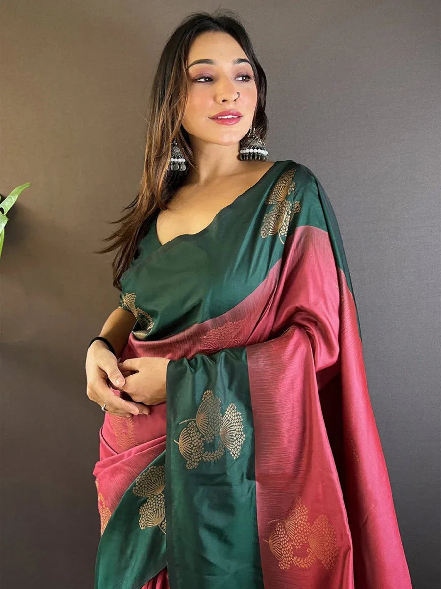 Mehandi And Maroon Soft Silk Saree With Blouse Piece - EZBER