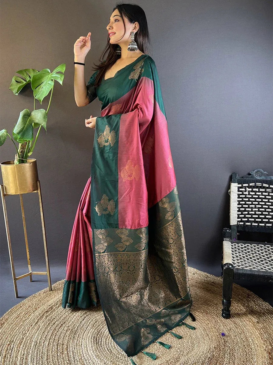 Mehandi And Maroon Soft Silk Saree With Blouse Piece - EZBER