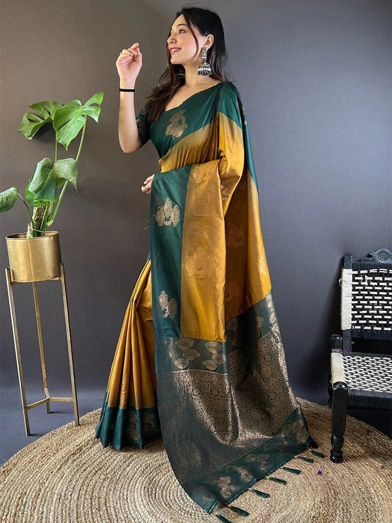 Mehandi And Yellow Soft Silk Saree With Blouse Piece - EZBER