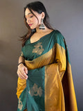 Mehandi And Yellow Soft Silk Saree With Blouse Piece - EZBER