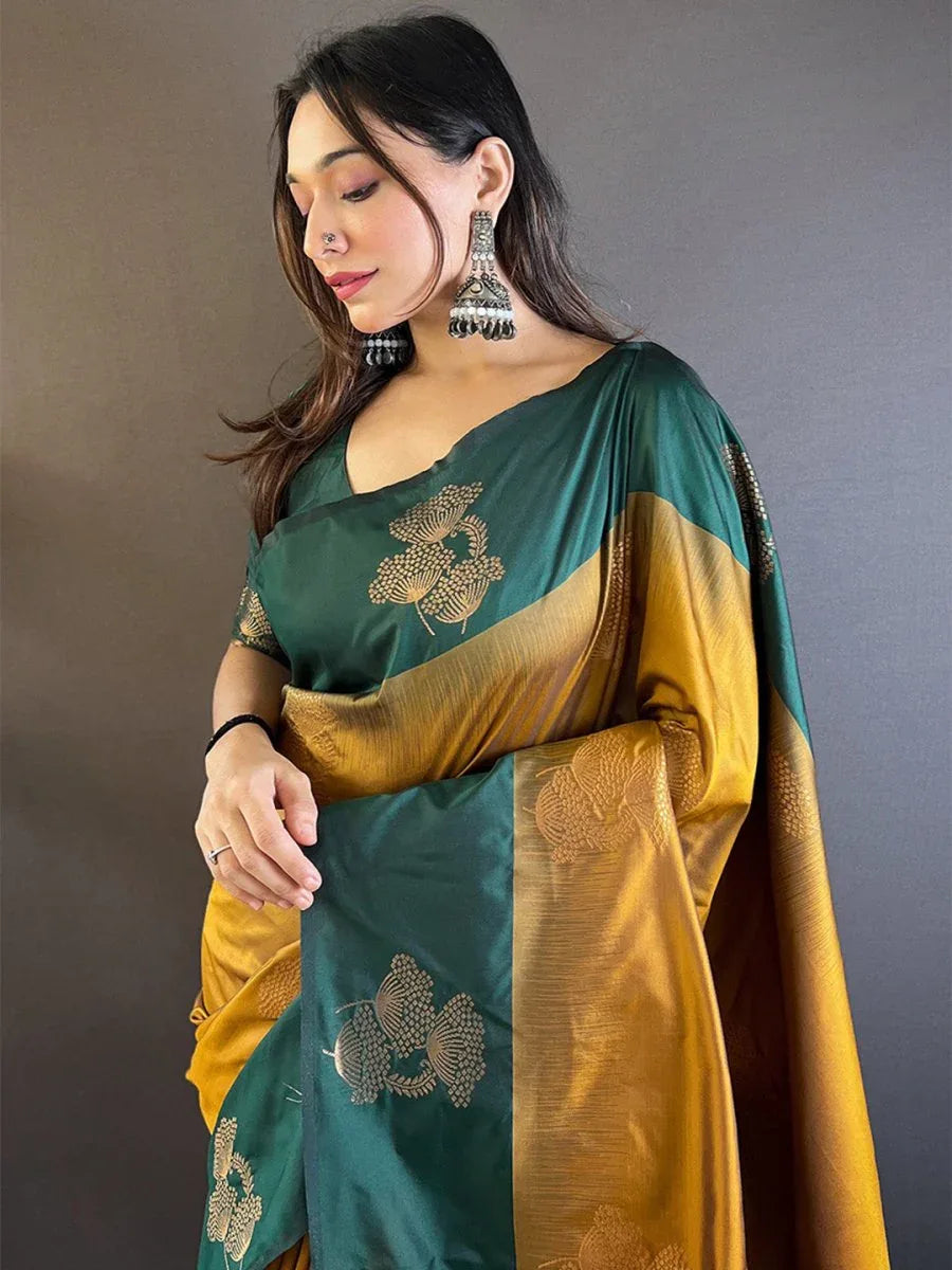 Mehandi And Yellow Soft Silk Saree With Blouse Piece - EZBER