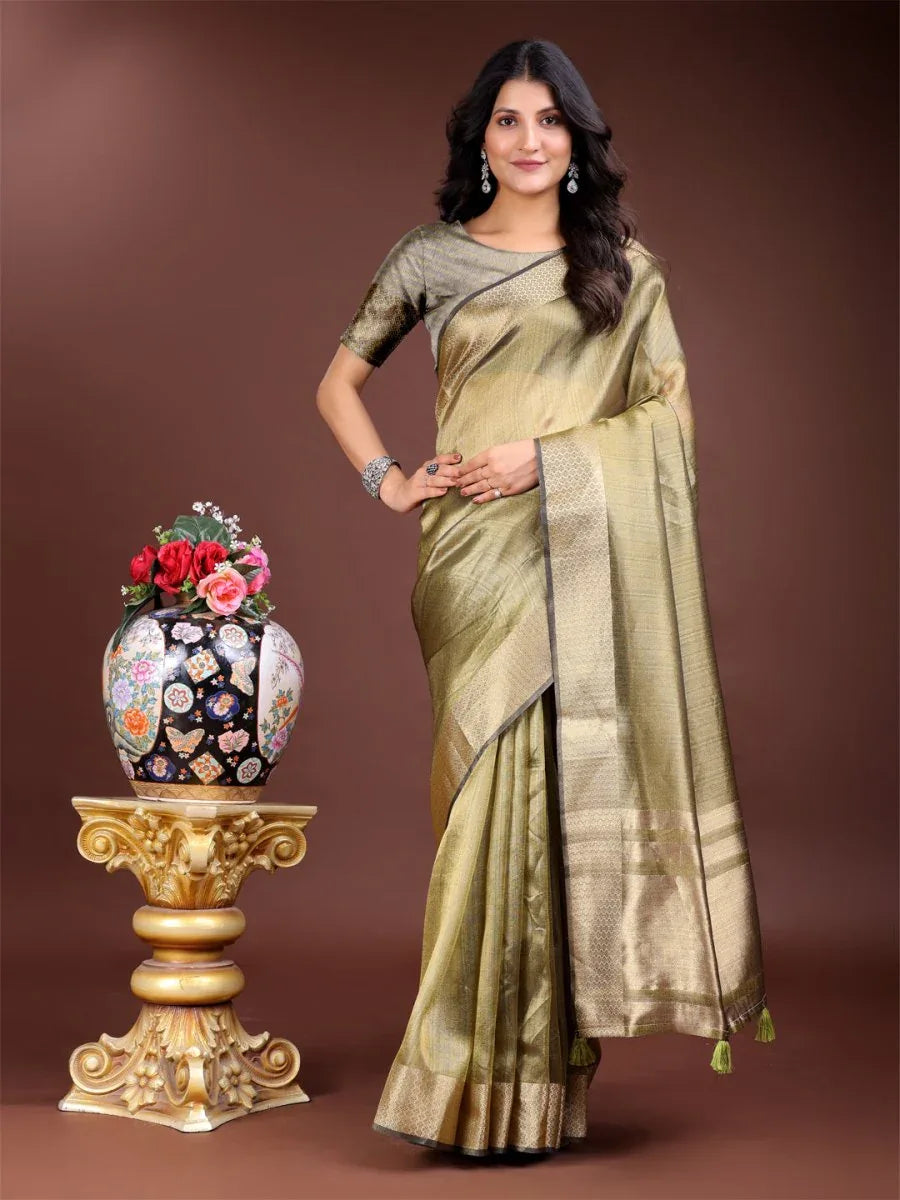 Mehndi Green Organza Saree With Blouse Piece - EZBER