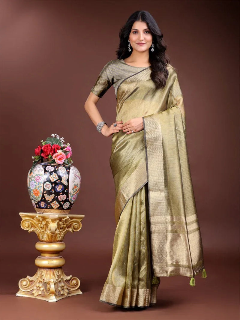 Mehndi Green Organza Saree With Blouse Piece - EZBER