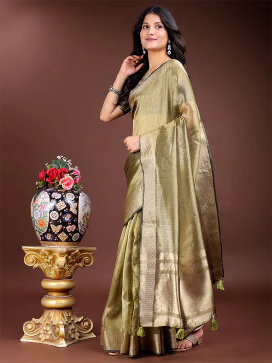 Mehndi Green Organza Saree With Blouse Piece - EZBER