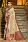 Cream & Maroon Banarasi Silk Saree With Blouse Piece - EZBER