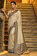 Cream & Blue Banarasi Silk Saree With Blouse Piece - EZBER